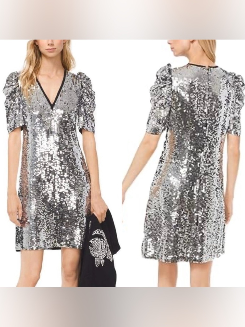 MICHAEL KORS Silver Sequin V-Neck Puff Sleeve Dress Size M - Picture 3 of 10